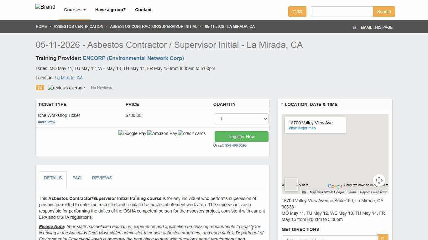 05-11-2026 - Asbestos Contractor/Supervisor Initial Training La Mirada, CA Zack Academy