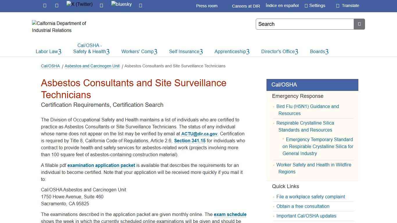 Division of Occupational Safety and Health - Asbestos consultant and site surveillance technician certification